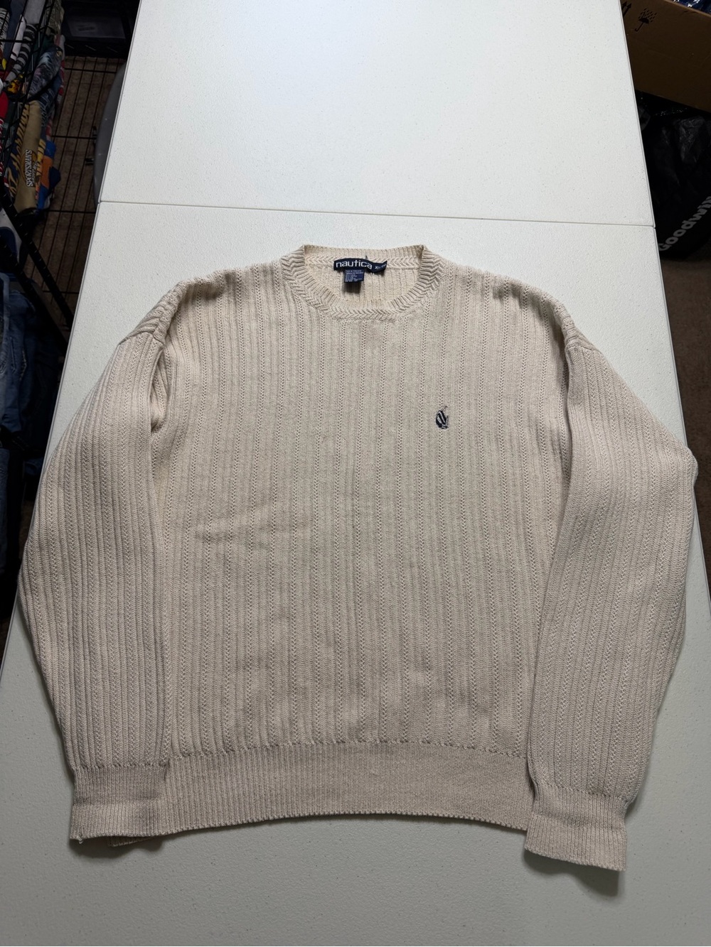 Vintage Nautica Sweater Mens XL Beige Long Sleeve Cable Knit 90s Preppy Casual